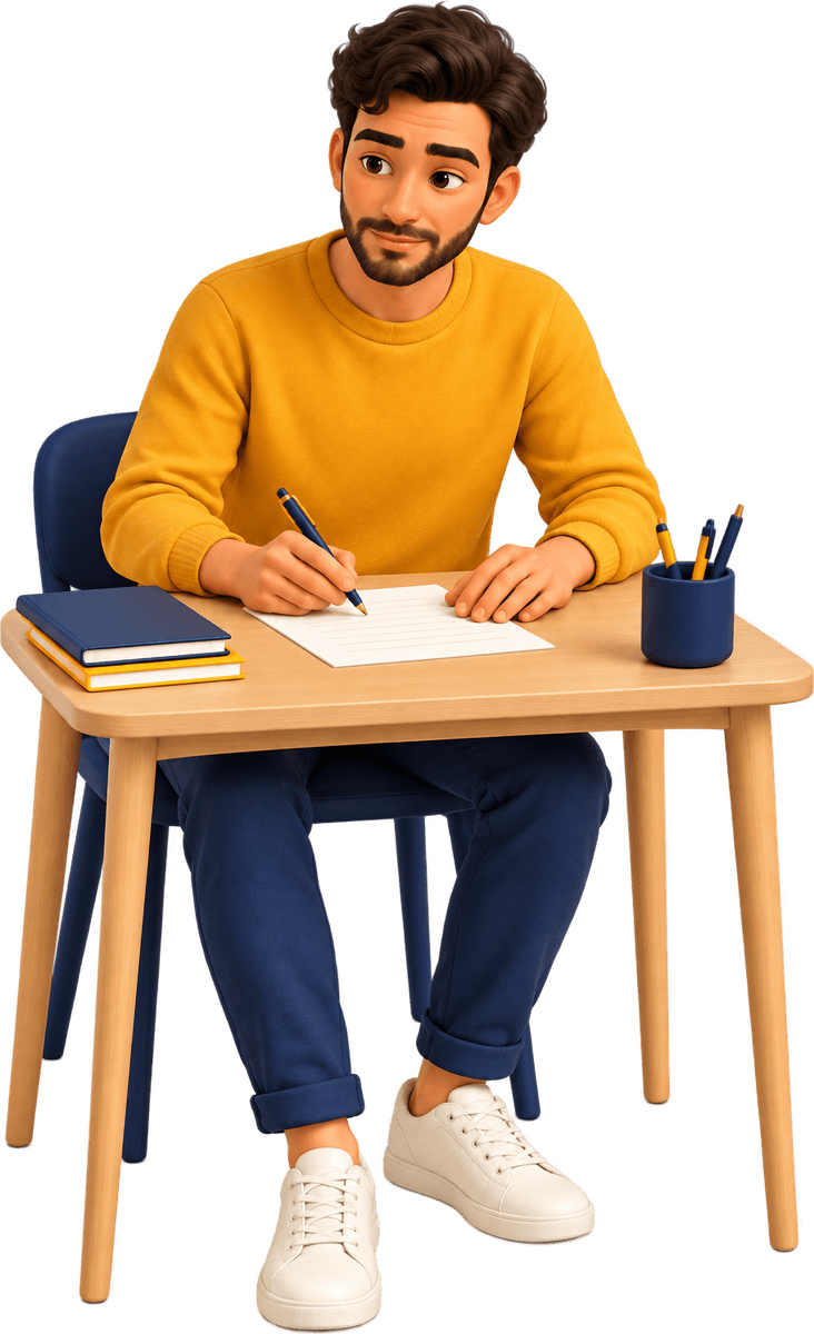 A man at a desk, pen in hand, part-way through writing a letter