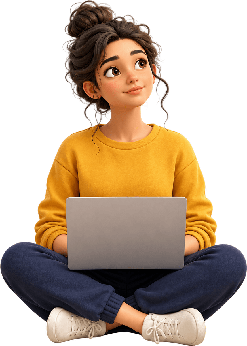 A woman sitting cross-legged with a laptop, looking up while she thinks