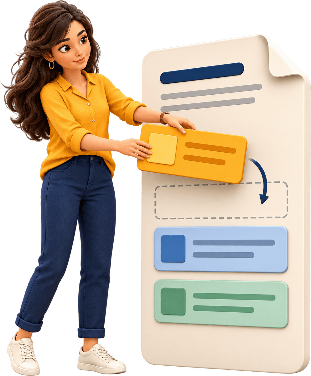 A woman moving one block of an oversized document into a new position