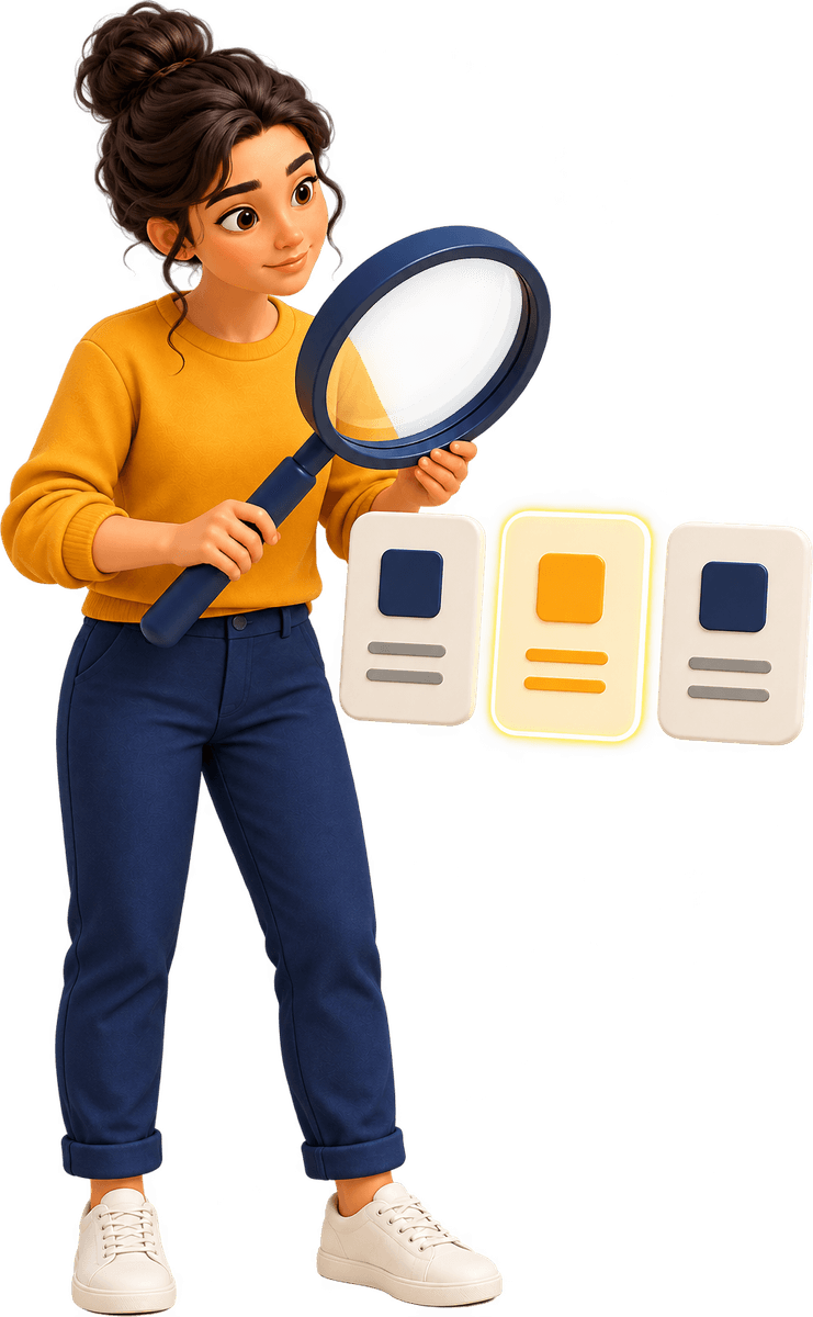 A woman holding a magnifier over three job cards, one of them lit up
