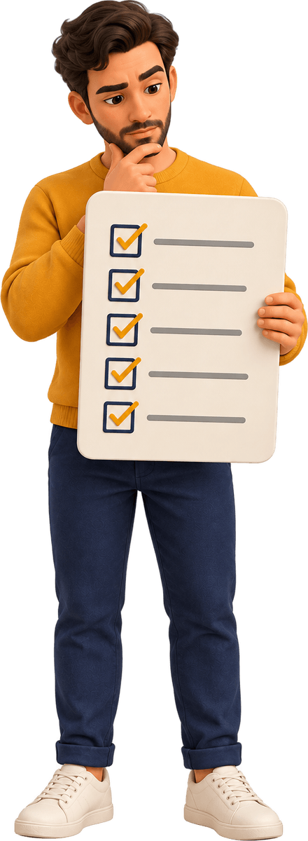 A man reading a checklist, considering it