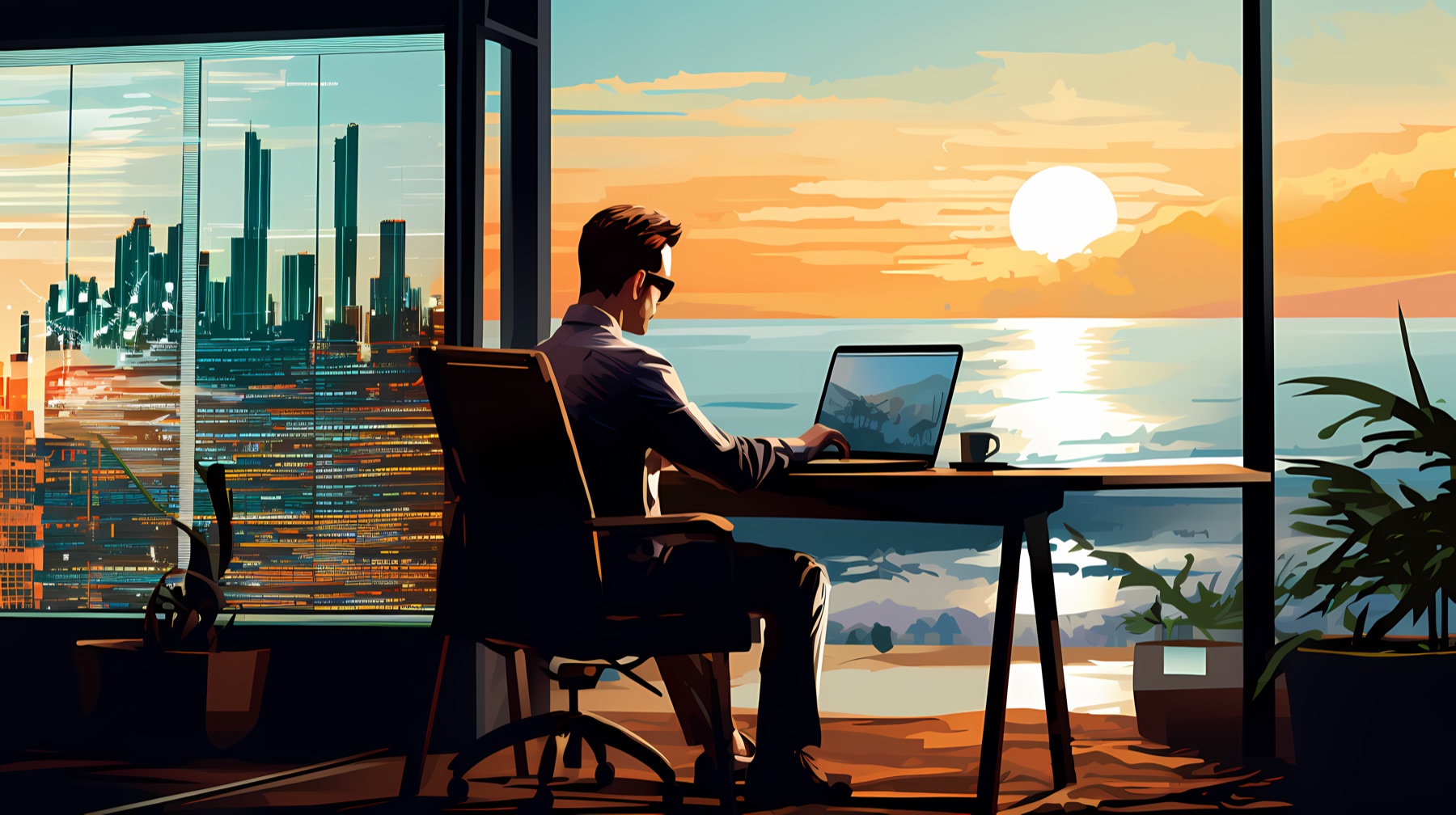 A remote worker at a laptop with a sunset over the ocean and city skyline through the window